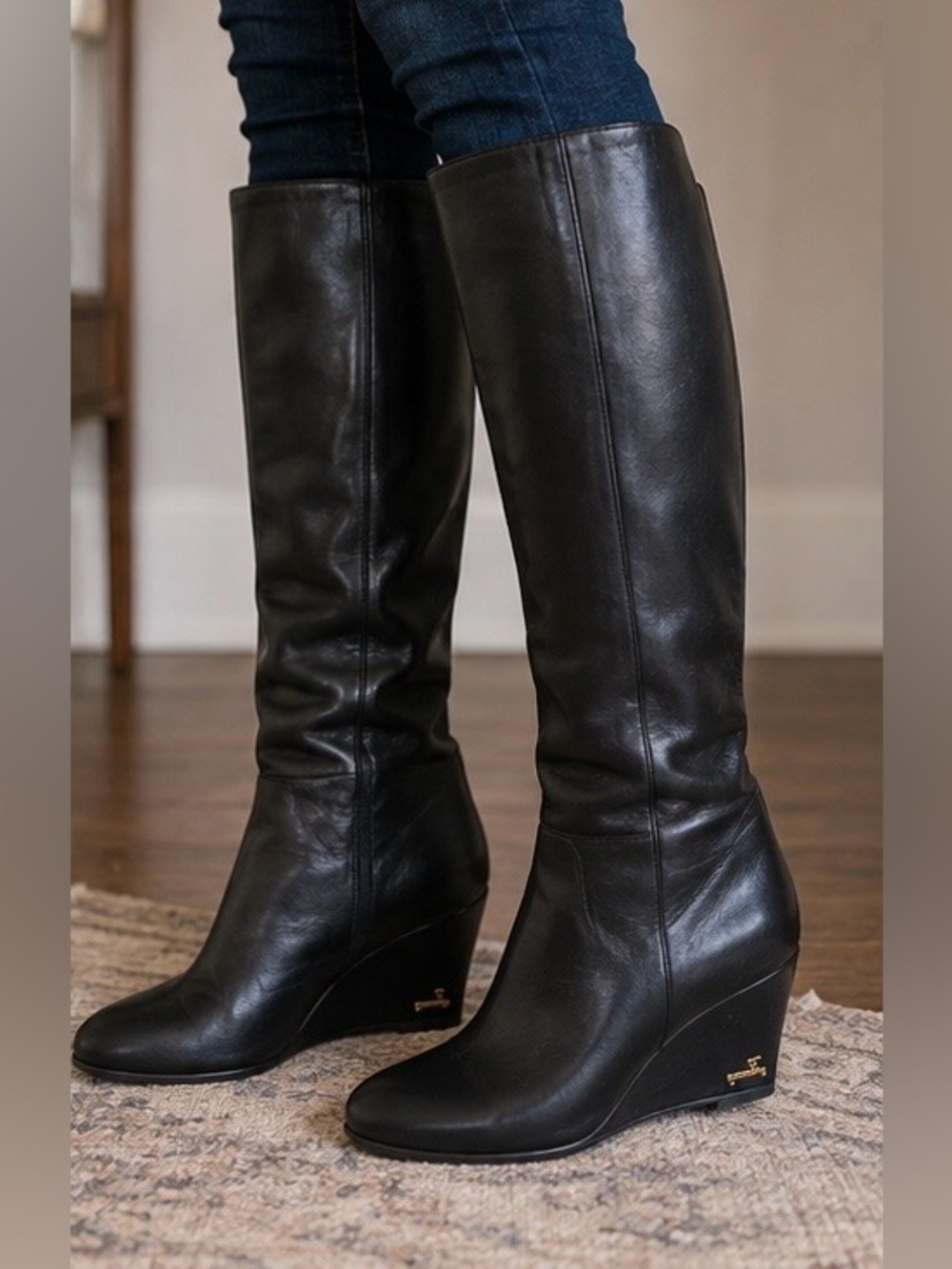 RARE Gucci Designer Black Leather Knee High Wedge Luxury Boots Size 40